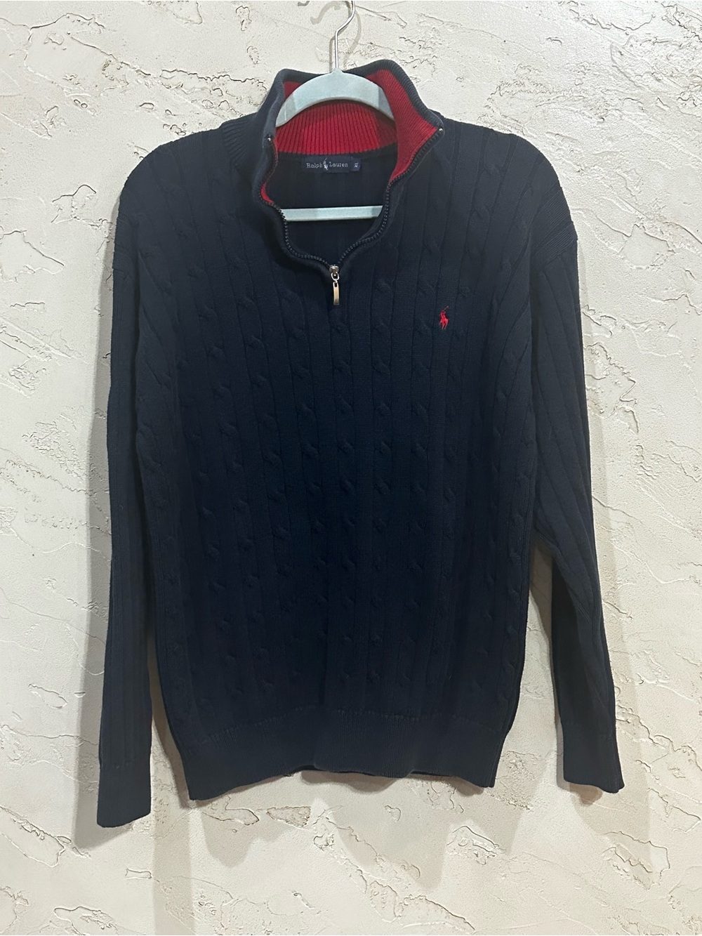 Ralph Lauren Men’s Navy Cable Quarter-Zip Sweater with Red Accent size XL